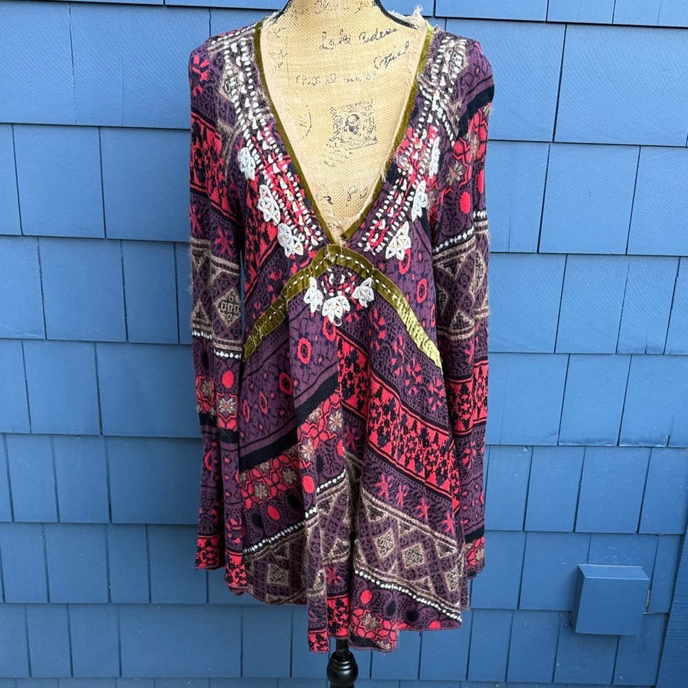 Free People Multicolor Patterned Mini Dress trapeze knit red purple medium